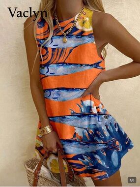 NWT Vaclyn Orange & Blue Fish Print Tank Dress